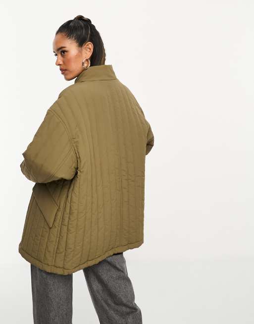 ASOS DESIGN straight line quilted cotton jacket in khaki