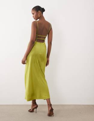 Asos Design Straight Neck Cami Midi Dress With Strappy Back In Green