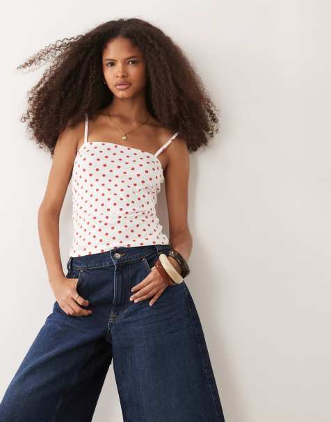 ASOS DESIGN straight neck cami top in red and cream polka dot - view 1