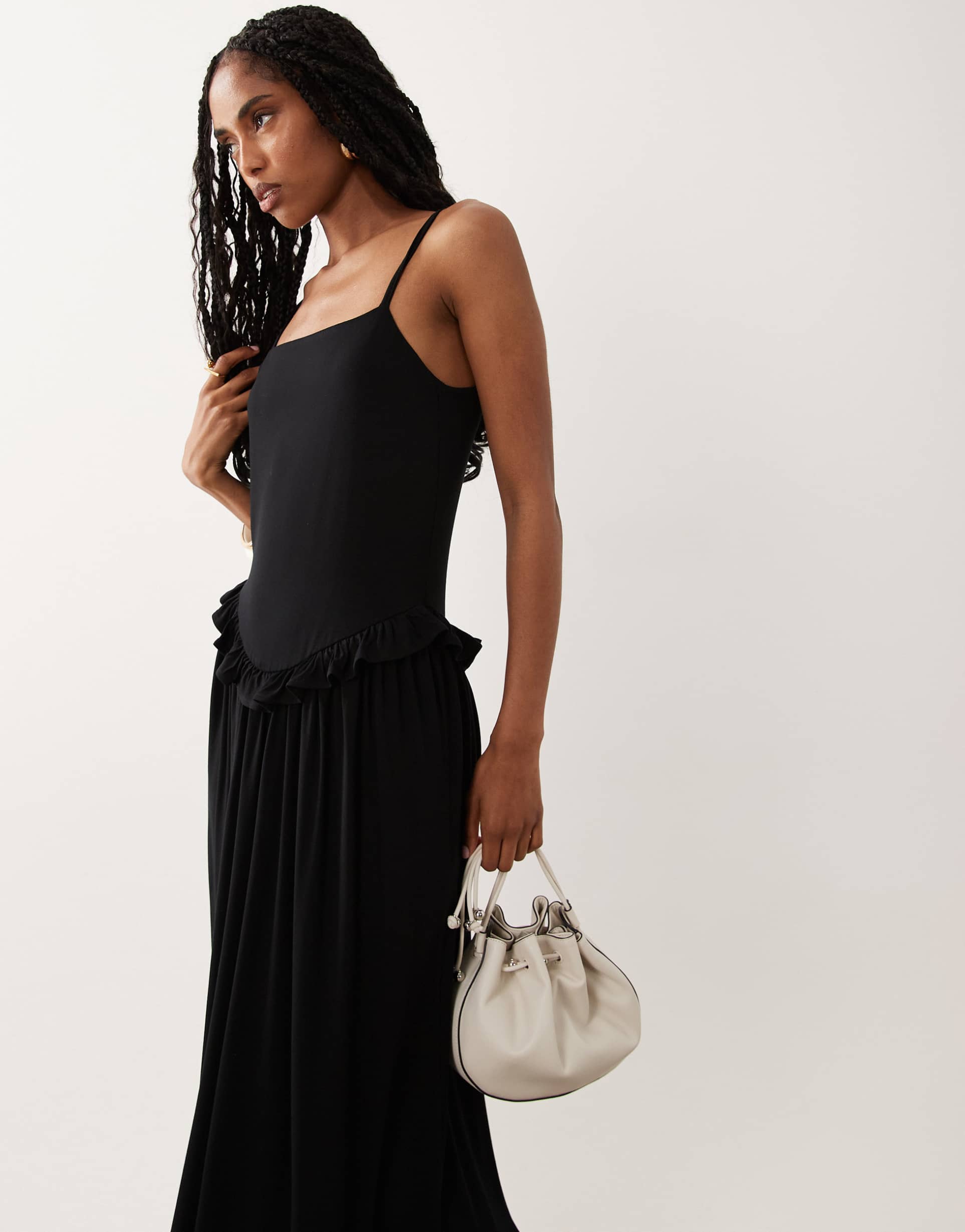 asos design straight neck midi cami dress with waist frill in black