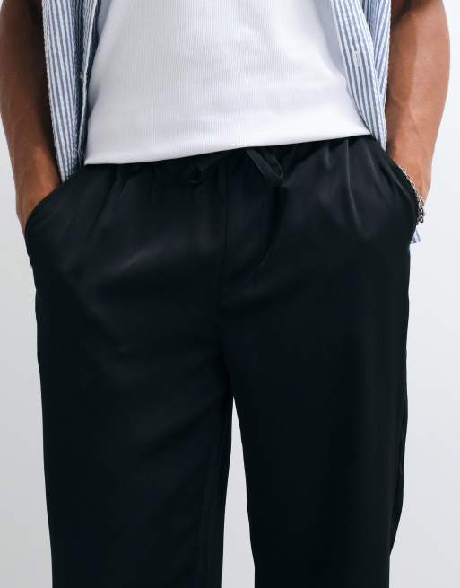 ASOS DESIGN straight pants in black satin with drawstring, 2 of 5