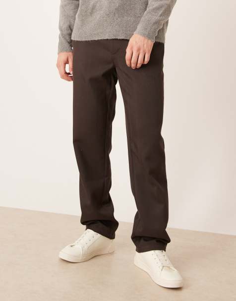 ASOS DESIGN straight pants in brown wool look herringbone with belt tie - view 1