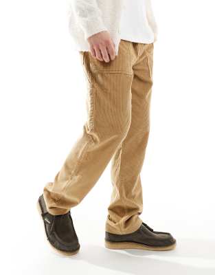 ASOS DESIGN straight pull on cord carpenter pants in beige-Neutral