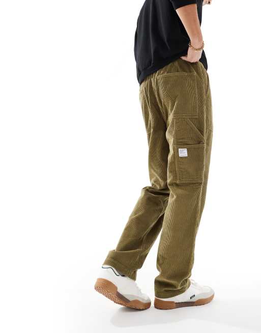 ASOS DESIGN straight pull on cord carpenter pants in khaki , 3 of 5
