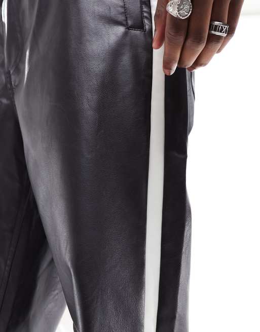 ASOS DESIGN straight pull on leather look pants in black
