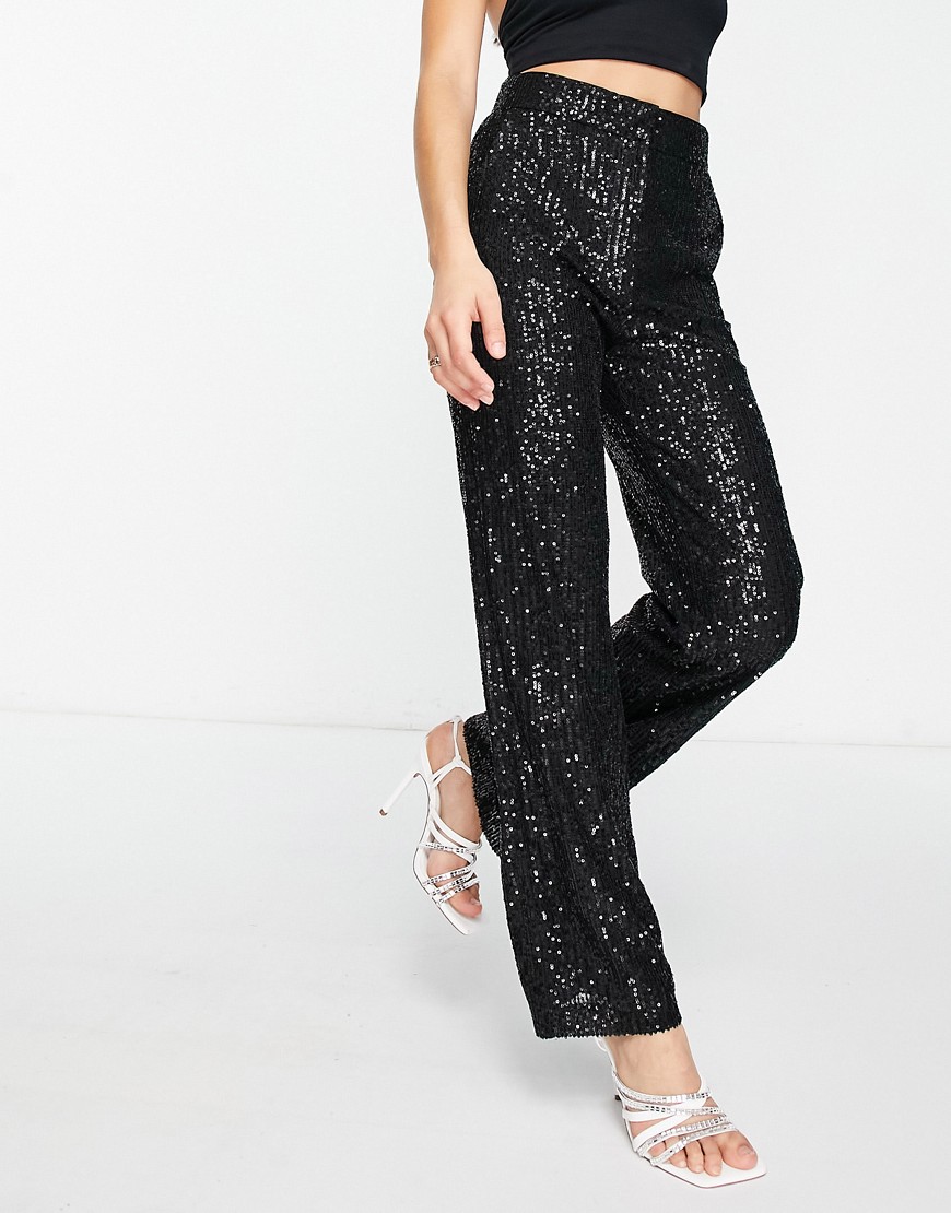 straight sequin ankle grazer pants in black