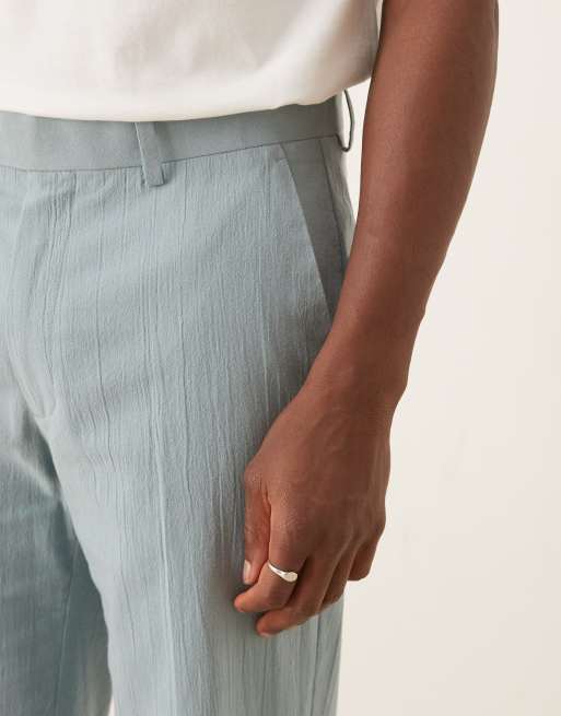 ASOS DESIGN straight suit pants in light blue crinkle texture