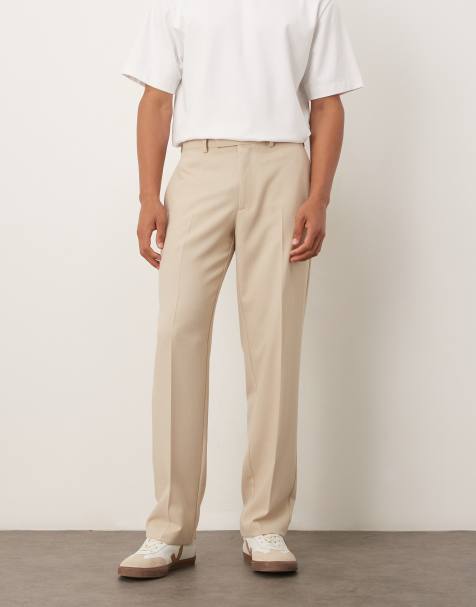 ASOS DESIGN straight suit trousers in stone linen blend 