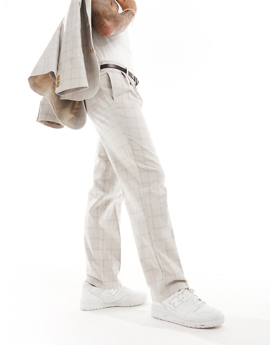 straight suit pants in tonal beige grid plaid-Neutral