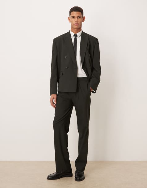 ASOS DESIGN straight suit trousers in dark green pinstripe