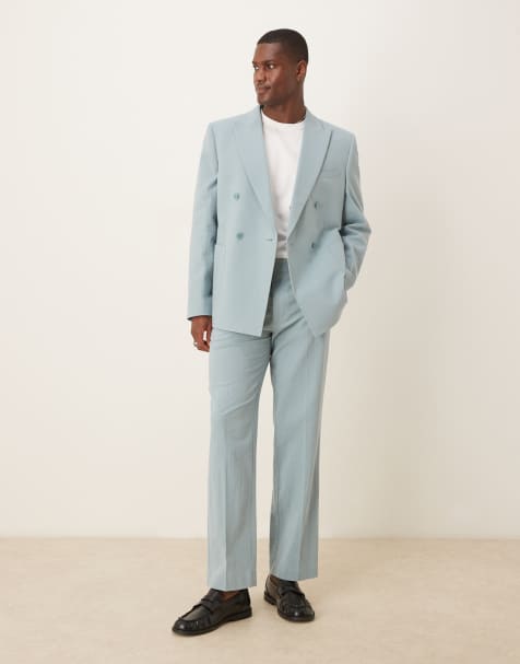 ASOS DESIGN straight suit trousers in light blue crinkle texture - view 1