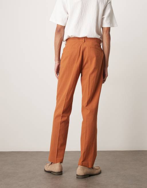 ASOS DESIGN straight suit trousers in rust crinkle texture, 3 of 5