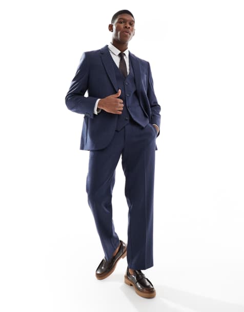 ASOS DESIGN straight suit trousers with wool in blue herringbone - view 1