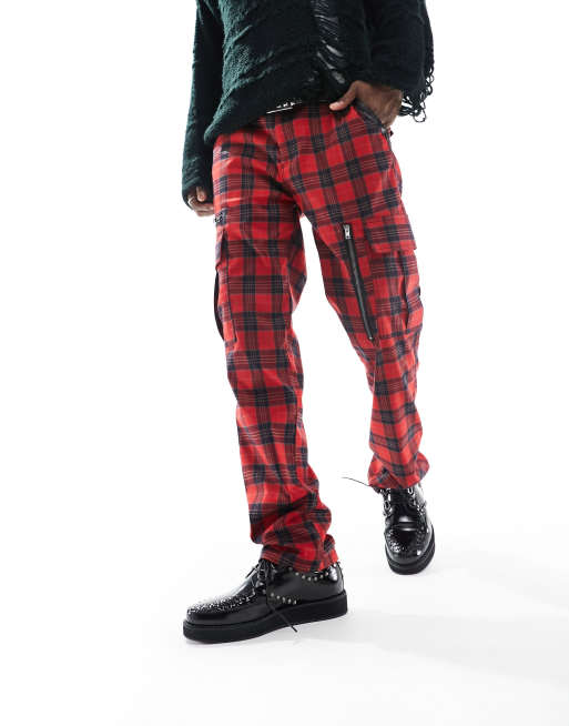 ASOS DESIGN straight tartan plaid cargo pants in red with leather look  details