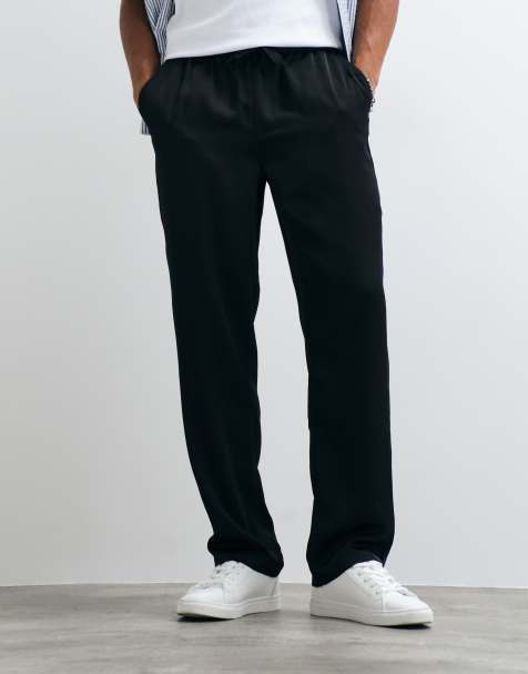 ASOS DESIGN straight trouser in black satin with drawcord - view 1