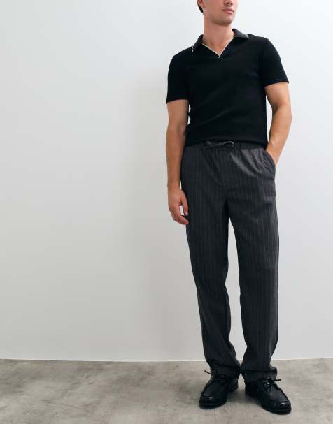 ASOS DESIGN straight trouser in gray pinstripe with drawstring - view 1