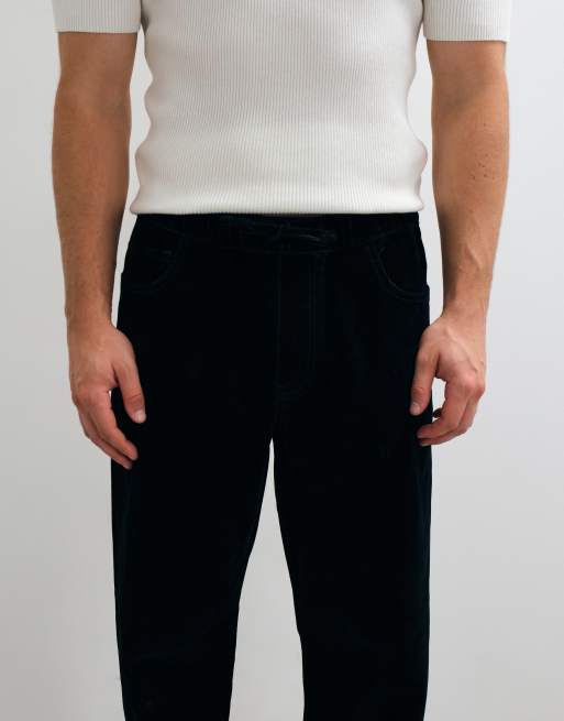 ASOS DESIGN straight trousers in black flocked fabric with elasticated waistband, 2 of 5