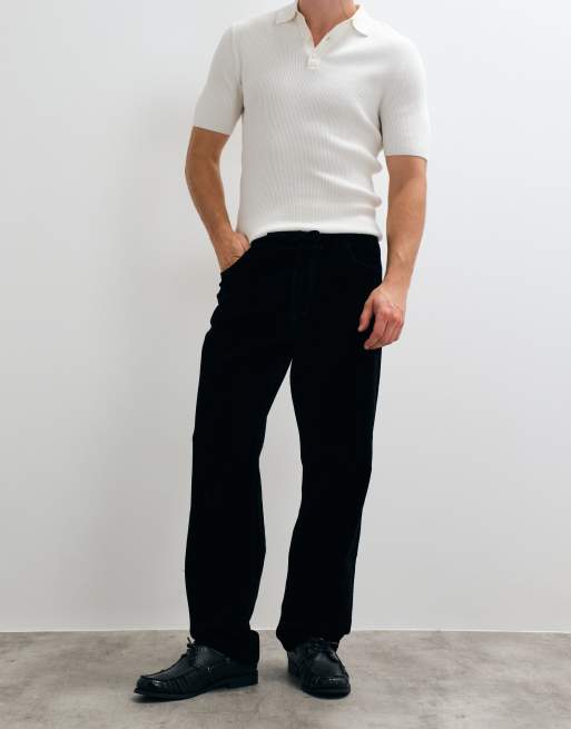 ASOS DESIGN straight trousers in black flocked fabric with elasticated waistband, 3 of 5