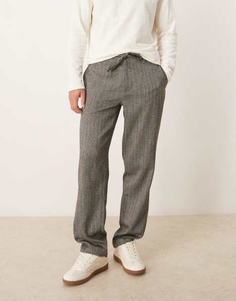 ASOS DESIGN straight trousers in grey herringbone with belt tie