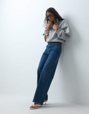 Asos Design Straight Wide Leg Jeans In Blue