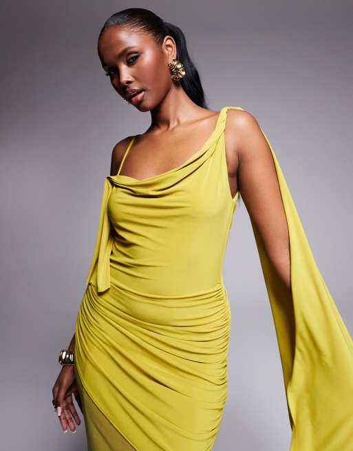 ASOS DESIGN - Stram, asymmetrisk og rynket chartreusegrøn maxikjole med gennemsigtig nederdel, 2 af 4