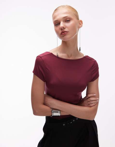 ASOS DESIGN - Stram bordeauxrød top med afkortede ærmer og dyb rund hals - view 1