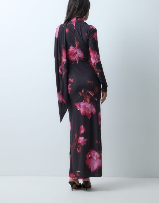 ASOS DESIGN stram langærmet højhalset maxikjole med tørklædedetalje og sort blomsterprint, 4 af 5