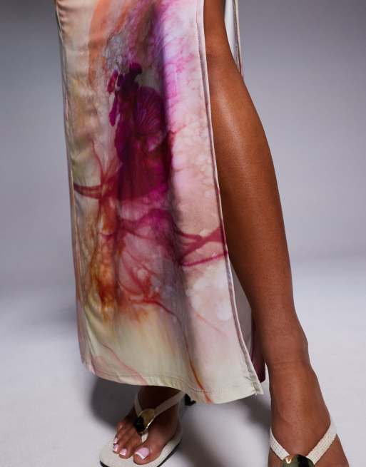 ASOS DESIGN - Stram nederdel med rynket talje, slids og lyserødt marmorprint - Del af sæt, 5 af 5