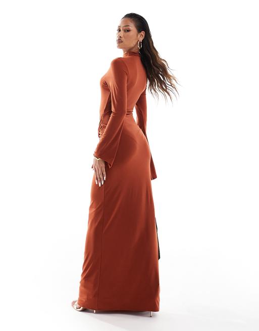 ASOS DESIGN - Stram og højhalset rustrød maxikjole med lange ærmer og snoet detalje, 3 af 4