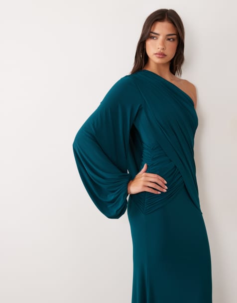 ASOS DESIGN stram one-shoulder draperet maxikjole med blouson-ærme i petrol - view 1