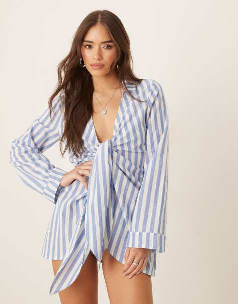 ASOS DESIGN – Strand-Hemdkleid in gestreiftem Blau mit gebundener Vorderseite - view 1