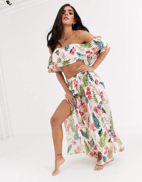 ASOS DESIGN – Strand-Maxirock mit leuchtendem Tropenmuster und Schlitz vorn, Kombiteil