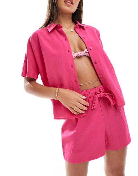 ASOS DESIGN – Strandhemd in Leinenoptik in Rosa, Kombiteil - view 1