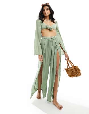 ASOS DESIGN - Strandhose in Khaki mit weitem Bein und hohen Schlitzen-Grün