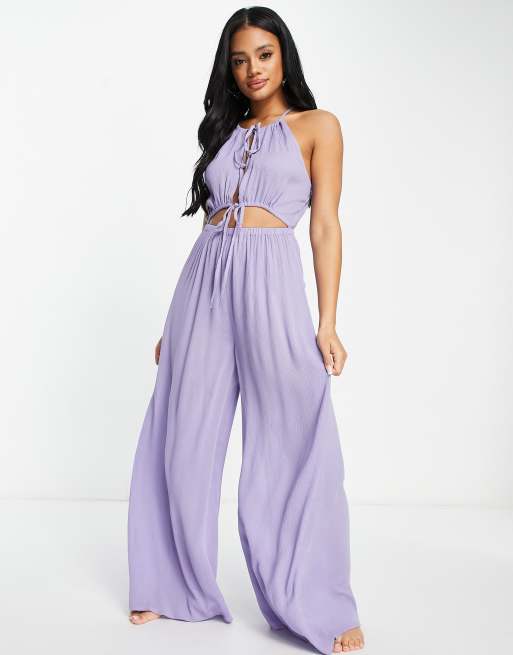 ASOS DESIGN - Strandjumpsuit met wijde pijpen en uitsnijdingen in lila