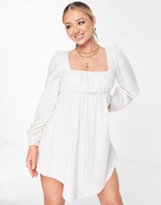 ASOS DESIGN - Strandkleid im Folklore-Stil aus grobem, doppellagigem Gewebe in Naturfarbe-Weiß