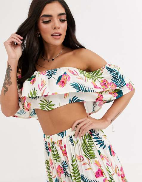 ASOS DESIGN – Strandoberteil mit leuchtendem tropischem Blumenmuster und gerüschten Ärmeln, Kombiteil