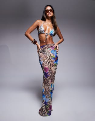 ASOS DESIGN - Strandrock aus Netzstoff mit abstraktem Blumenmuster-Bunt