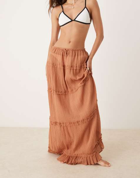 ASOS DESIGN - Strandset van kreukelstof met ruches in tabaksbruin - view 1