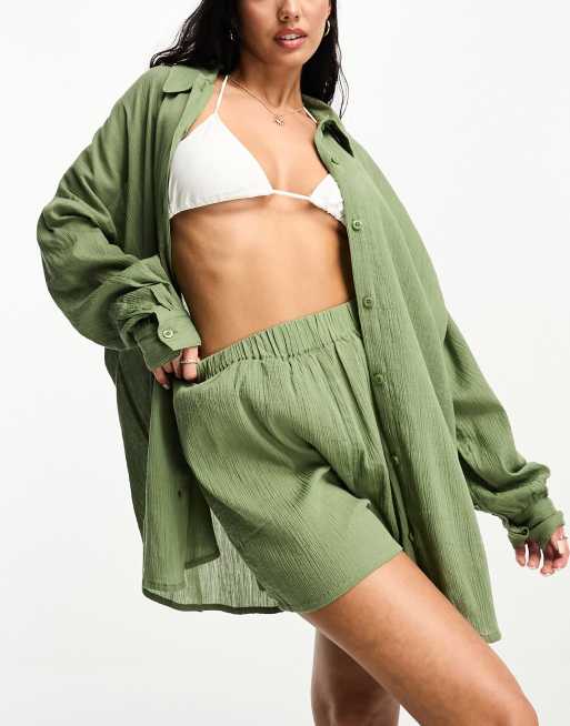 ASOS DESIGN - Strandskjorte i khakigrønt krølstof