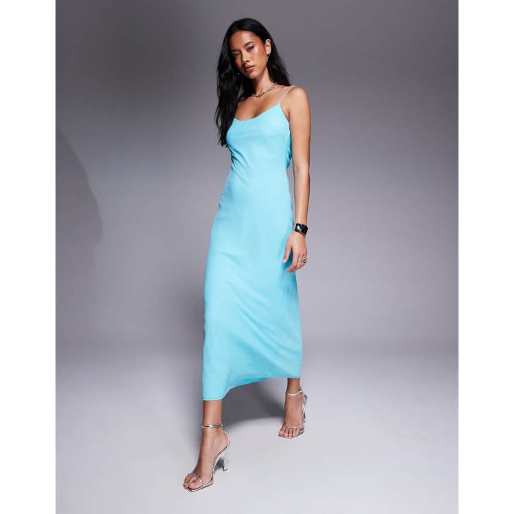 bright blue slip dress Blue Mist Mini Dress w/ Lace Panel & Beaded Tie Straps