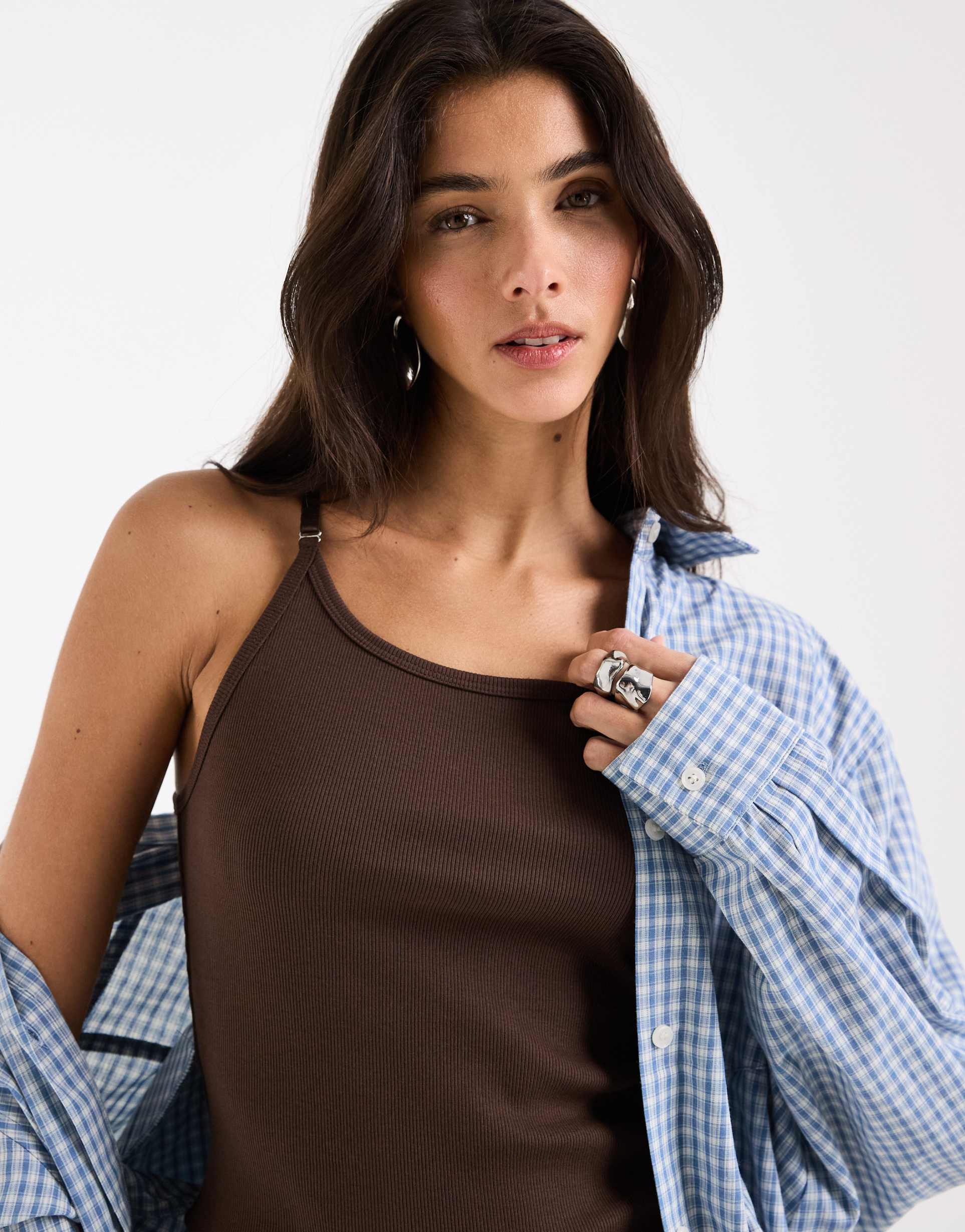 asos design strap detail ribbed scoop neck tank top in chocolate