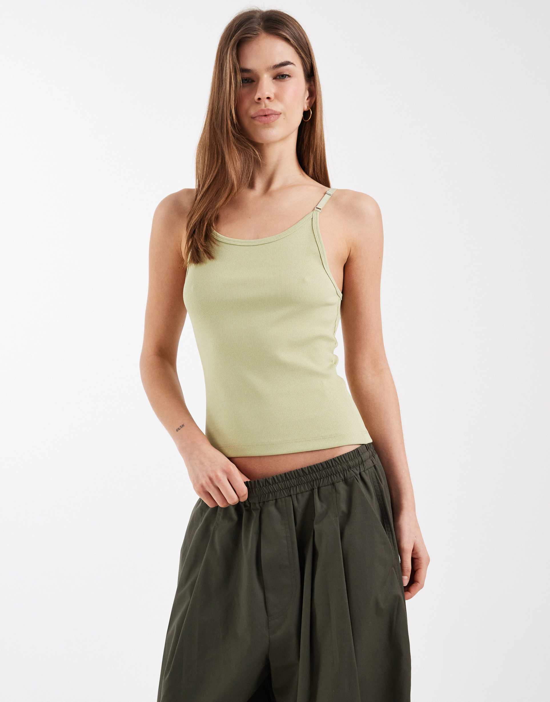 asos design strap detail ribbed scoop neck tank top in sage