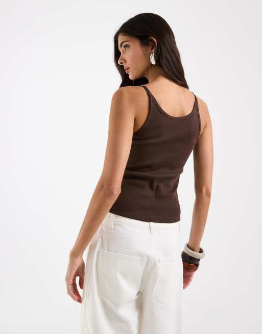 ASOS DESIGN strap detail ribbed scoop neck vest in chocolate, 4 of 4