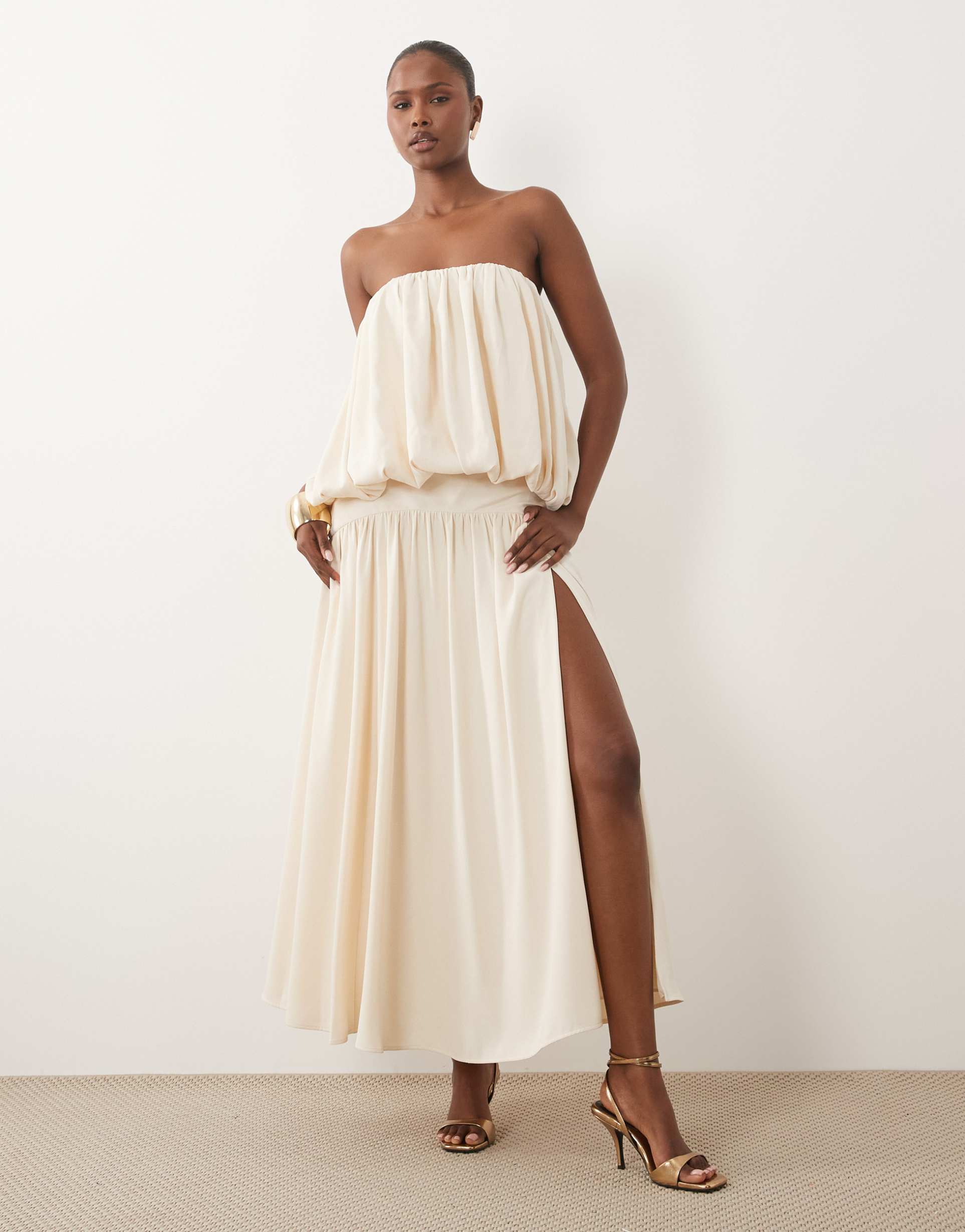 asos design strapless bubble bodice full skirted maxi dress in ivory