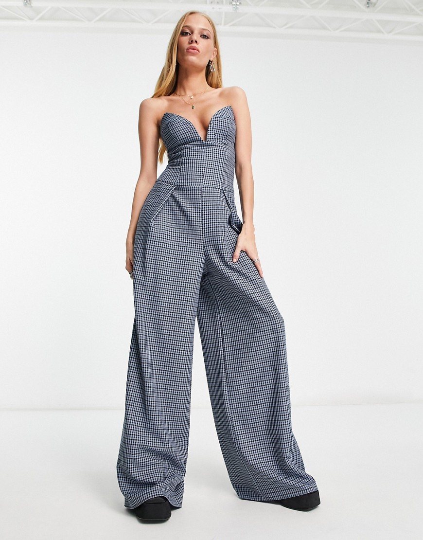 Shop Asos Design Tailored Strapless Bustier Jumpsuit With Wide Leg In Check-multi