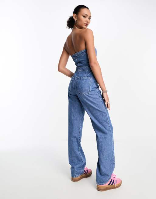 ASOS DESIGN strapless denim jumpsuit in mid blue