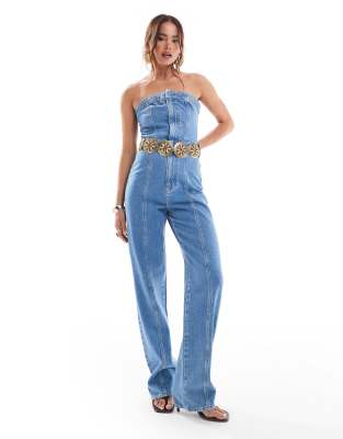 Asos Design Strapless Denim Jumpsuit In Midwash Blue