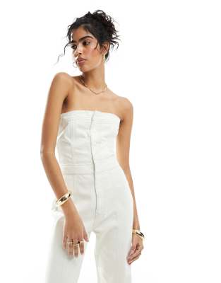 Asos Design Strapless Denim Jumpsuit In Off White