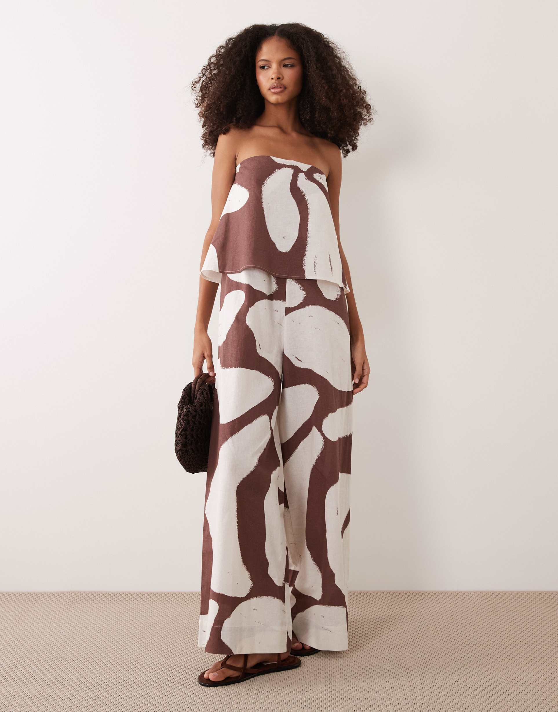 asos design strapless double layer jumpsuit in brown print